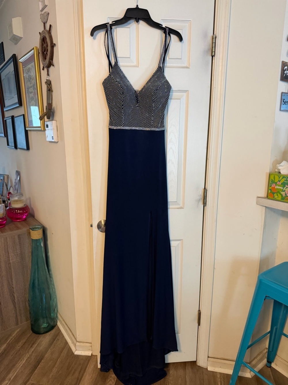 Elegant Navy Beaded Spaghetti Strap Evening Dress
